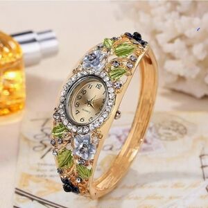 Gold Floral Bangle Watch with Green and Silver Accents